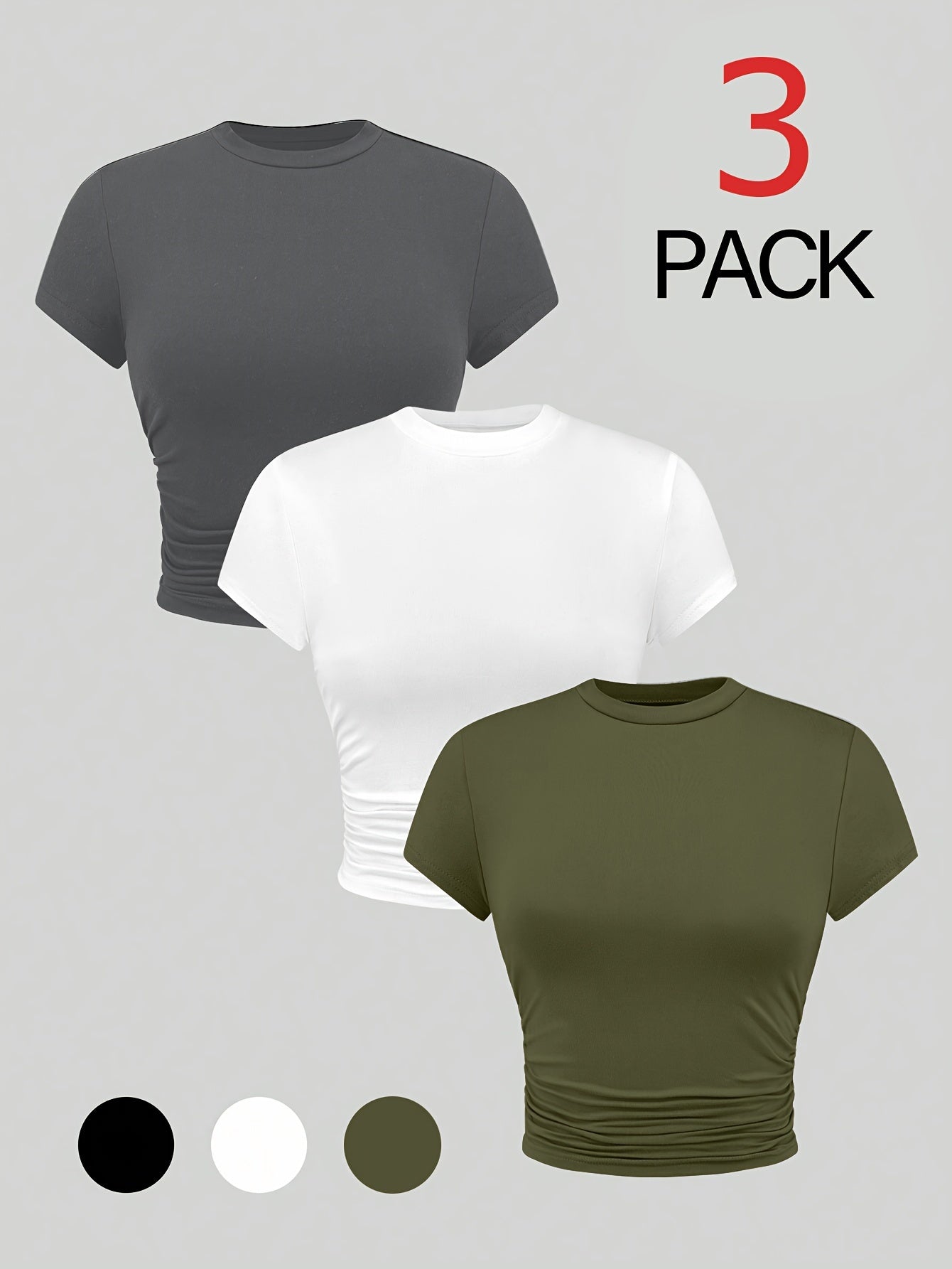 Solid Side Ruched T-shirt 3 Pack, Casual Crew Neck Short Sleeve T-shirt For Spring & Summer, Women's Clothing
